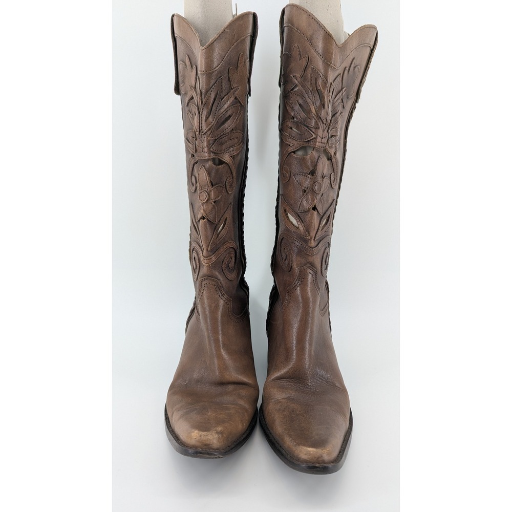 Vintage Brown Leather Floral Cut Out Western Cowboy Boots Made in Brazil 8.5 M